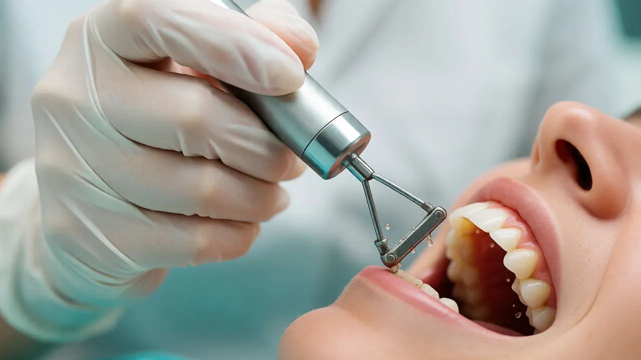 Dentální hygienistka odstraňuje zubní kámen ultrazvukovým přístrojem