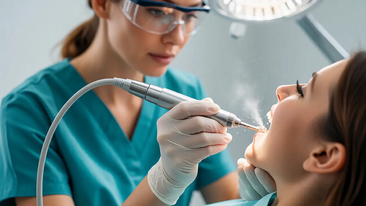 Dentální hygienistka používá ultrazvukový přístroj na čištění zubů