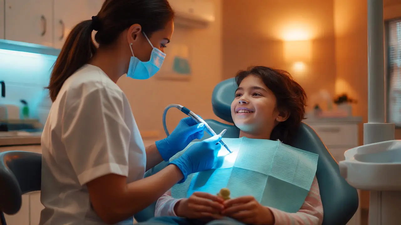 Dentista jemně odstraňuje zubní kámen u usměvavého dítěte