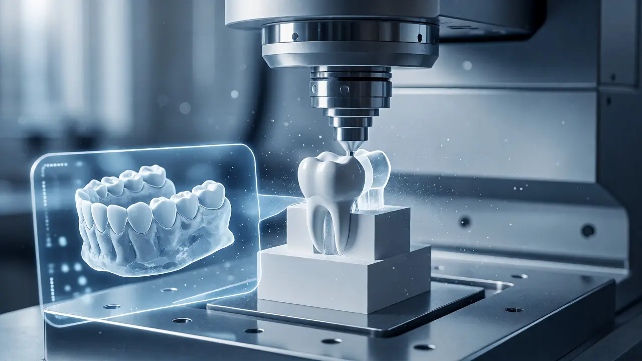 Frézovací stroj vytvářející zub ze zirkonového bloku pod digitálním 3D náhledem čelisti.