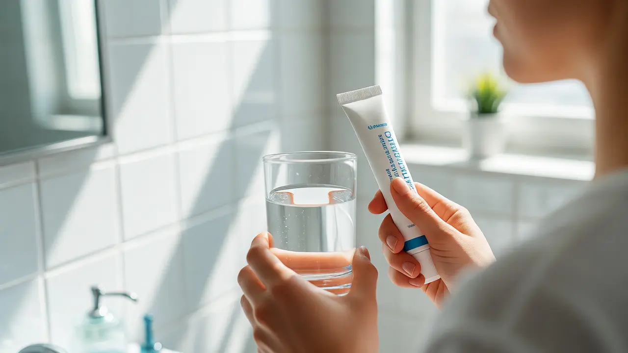 Osoba s úsměvem drží sklenici vody a zubní pastu pro prevenci
