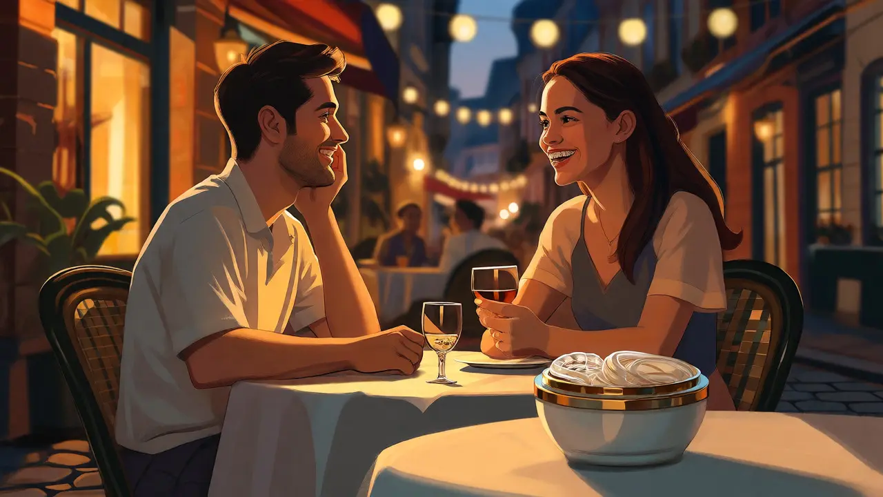 Pár bez starostí s rovnátky při večeři v restauraci