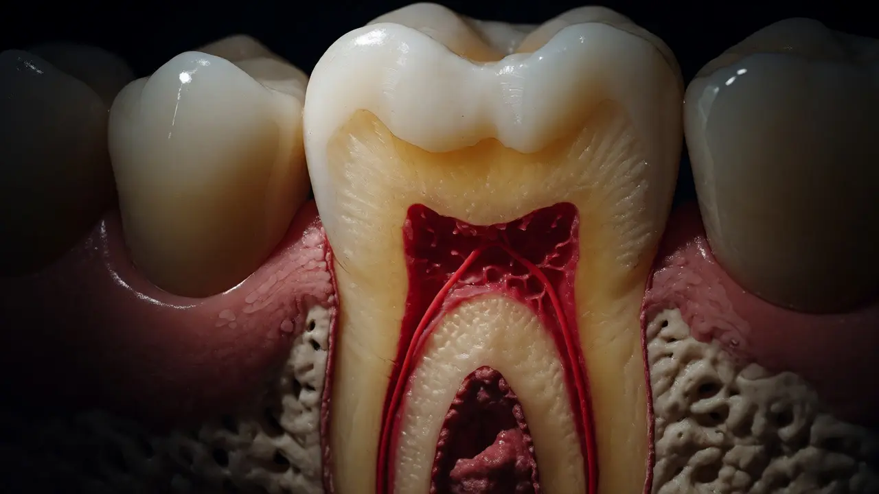 Řez zubem ukazující korunku, dentin a dřeň