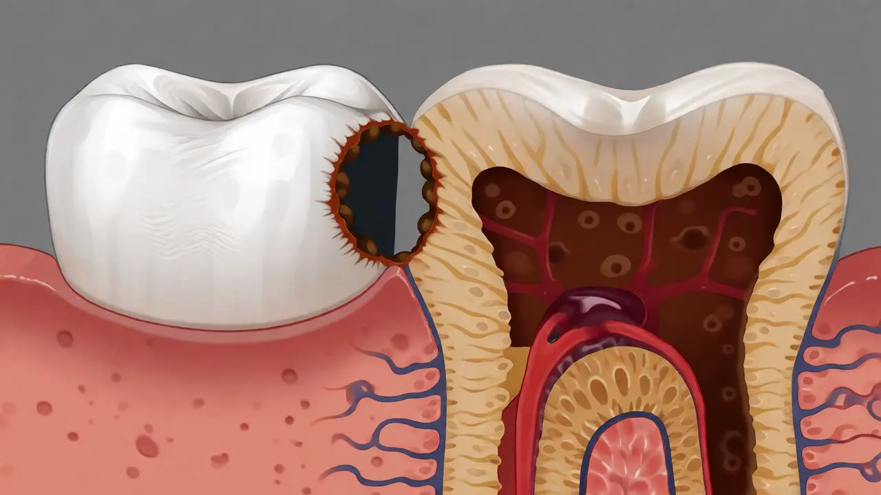 Řez zubem ukazující průnik kazu ze skloviny do dentinu