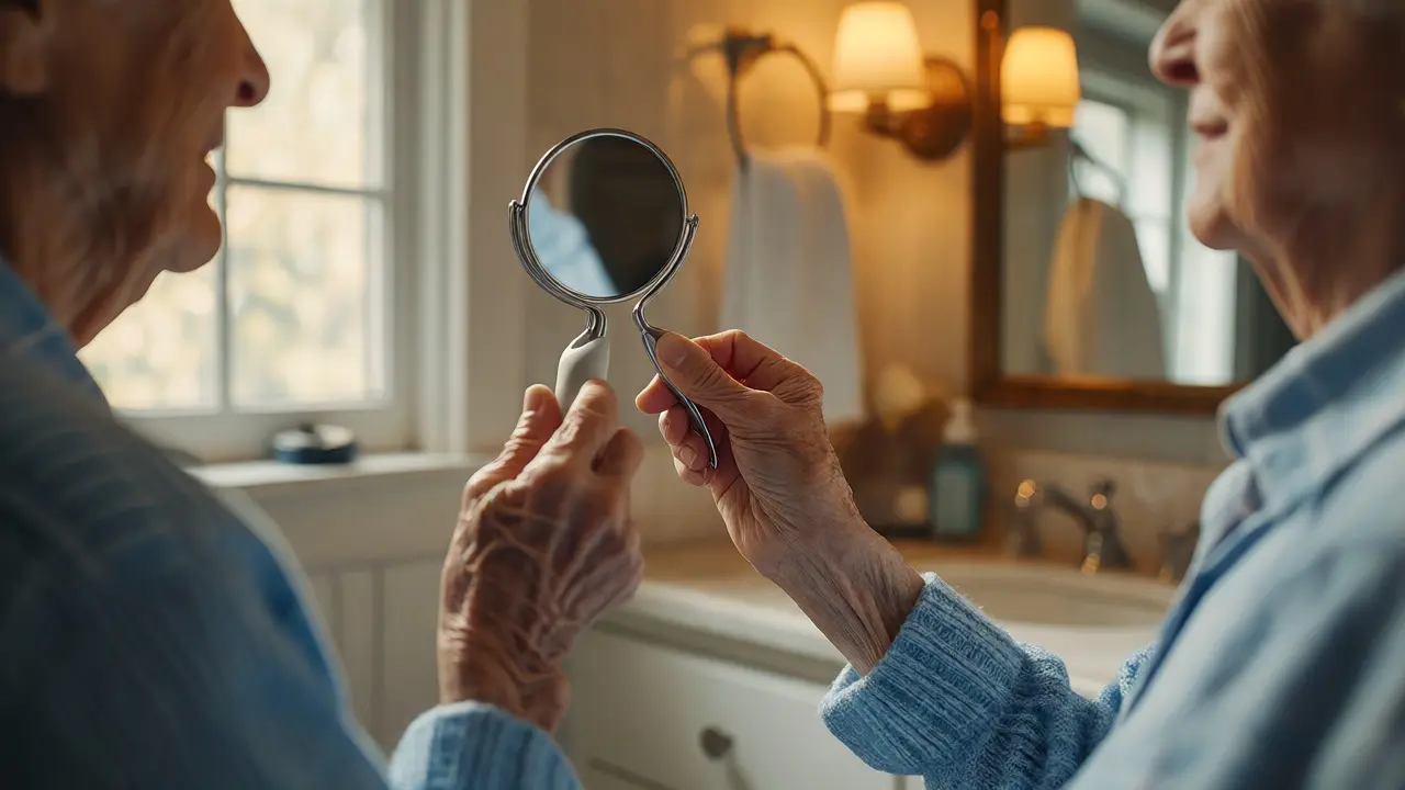 Senior se pečlivě kontroluje v zrcadle jako součást denní hygieny