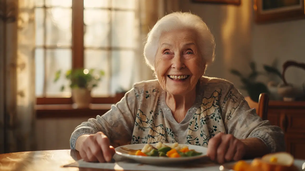 Spokojená seniorka se usmívá u jídelního stolu s novými přirozeně vypadajícími zuby.