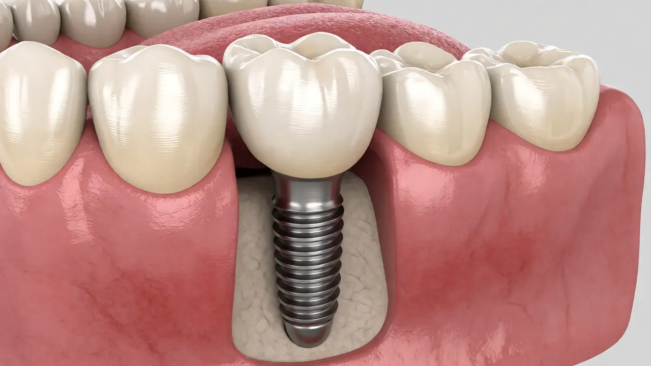 Titanový zubní implantát s keramickou korunou v čelisti