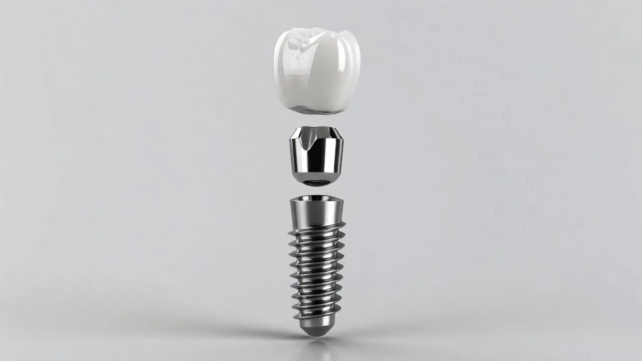 Tři části zubního implantátu: titanový šroub, spojka a keramická korunka.