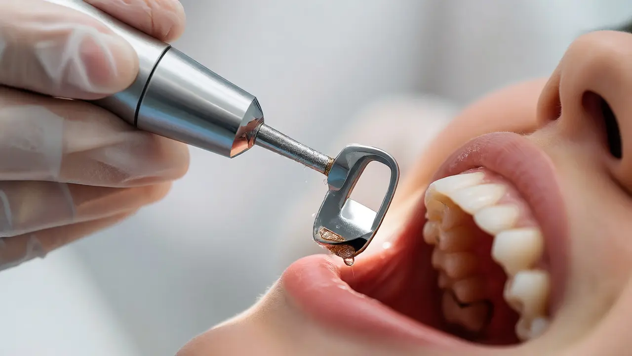 Zubní hygienista používá ultrazvukový přístroj k odstranění tvrdého kamene ze zubů