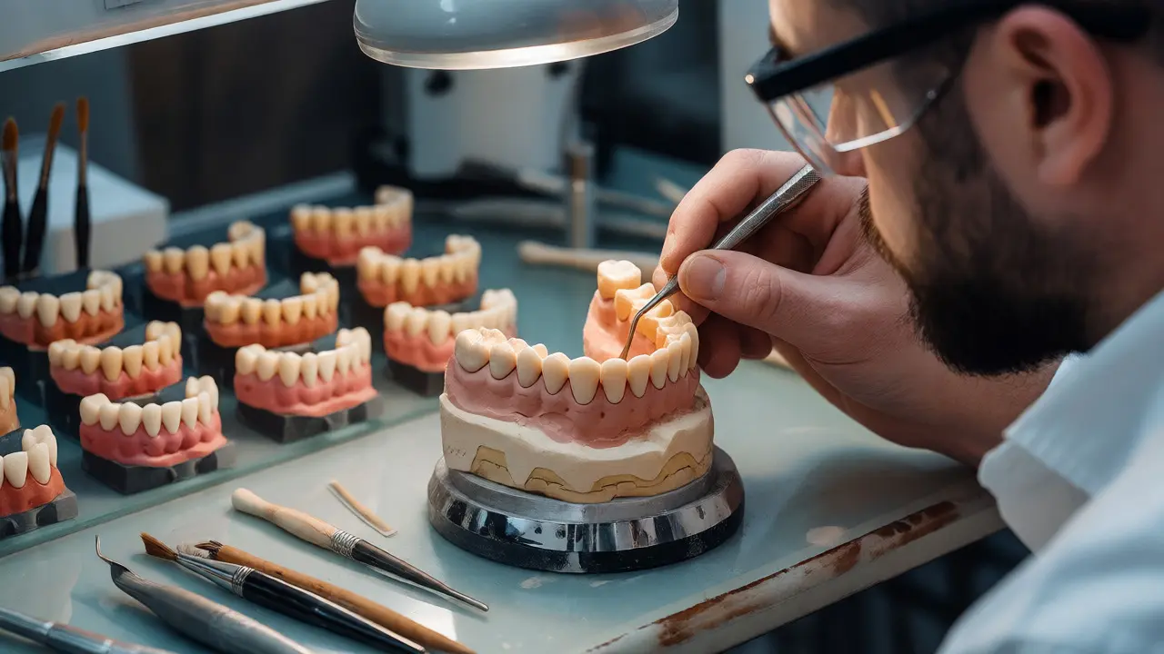 Zubní technik v laboratoři ručně tvaruje voskový model zubní protézy na sádrovém modelu.